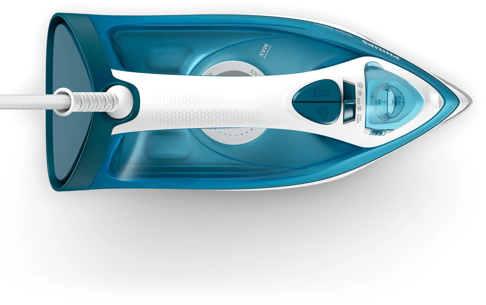 Top view of Philips DST3011/20 3000 Series steam iron showing handle, steam buttons, steam slider with Calc Clean setting and water filling inlet