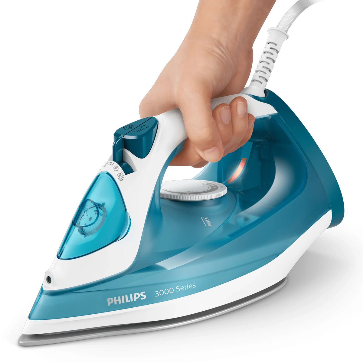 Hand holding the Philips DST3011/20 3000 Series steam iron by its handle to show the grip