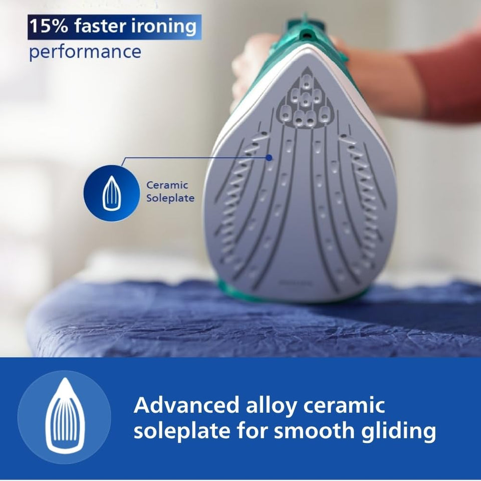 Philips DST3030/70 iron on an ironing board showing its ceramic soleplate, with a 15% faster ironing callout