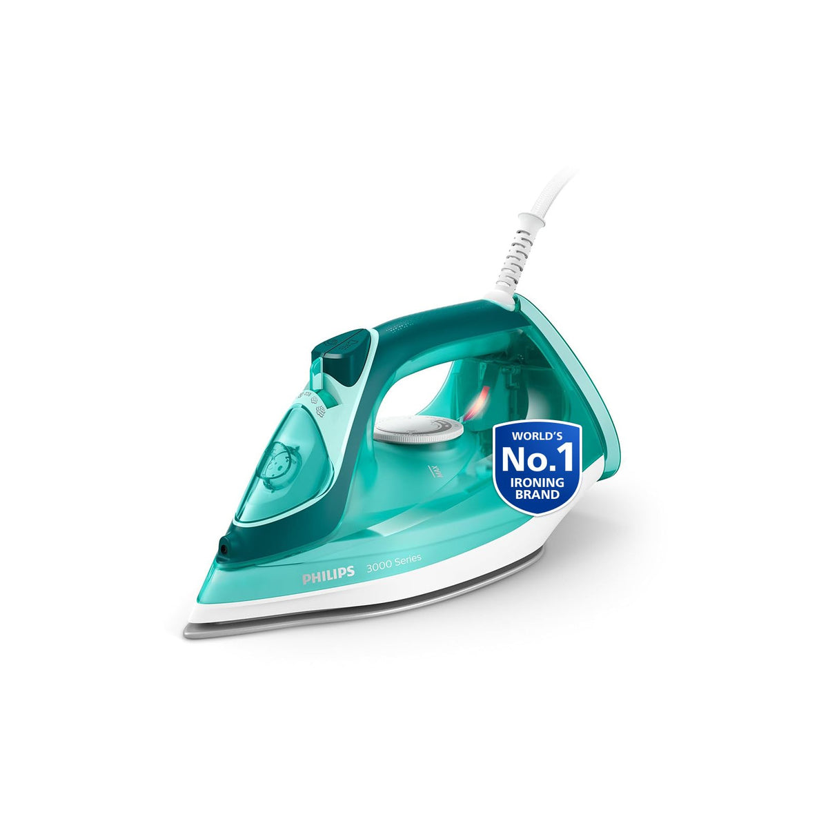 Philips Speed Pro DST3030/70 green steam iron, 3000 Series, shown from the side with white cord and a No.1 ironing brand badge