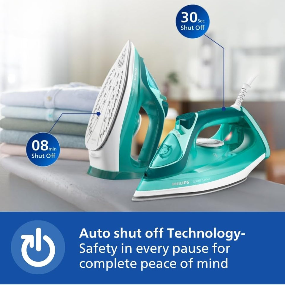 Two Philips DST3030/70 steam irons, one upright and one flat, illustrating the auto shut-off feature