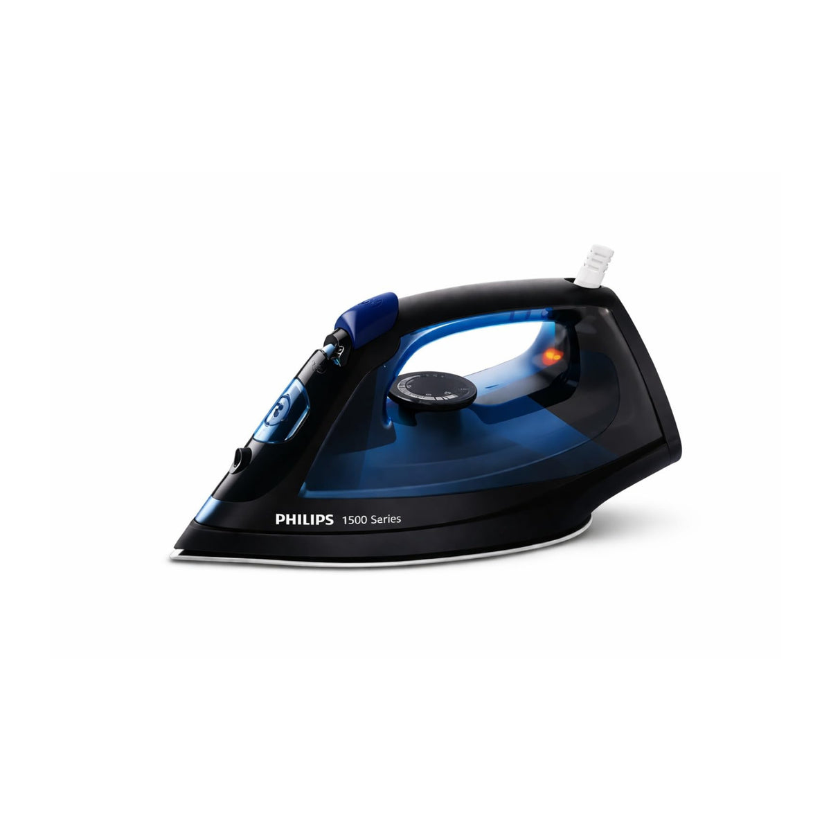 Philips DST1520/20 1500 Series black and blue steam iron shown from the side on a white background