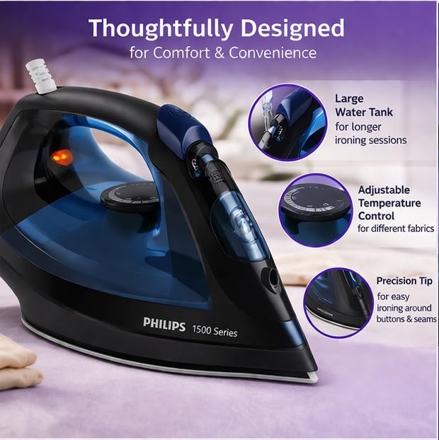 Philips DST1520/20 steam iron on fabric with callouts for water tank, temperature control and precision tip