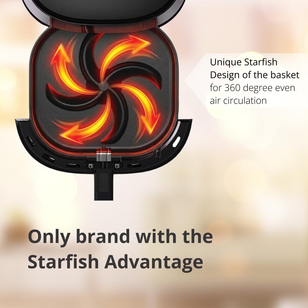 Open basket of the Philips NA120/00 air fryer showing the Starfish design with swirling air circulation arrows