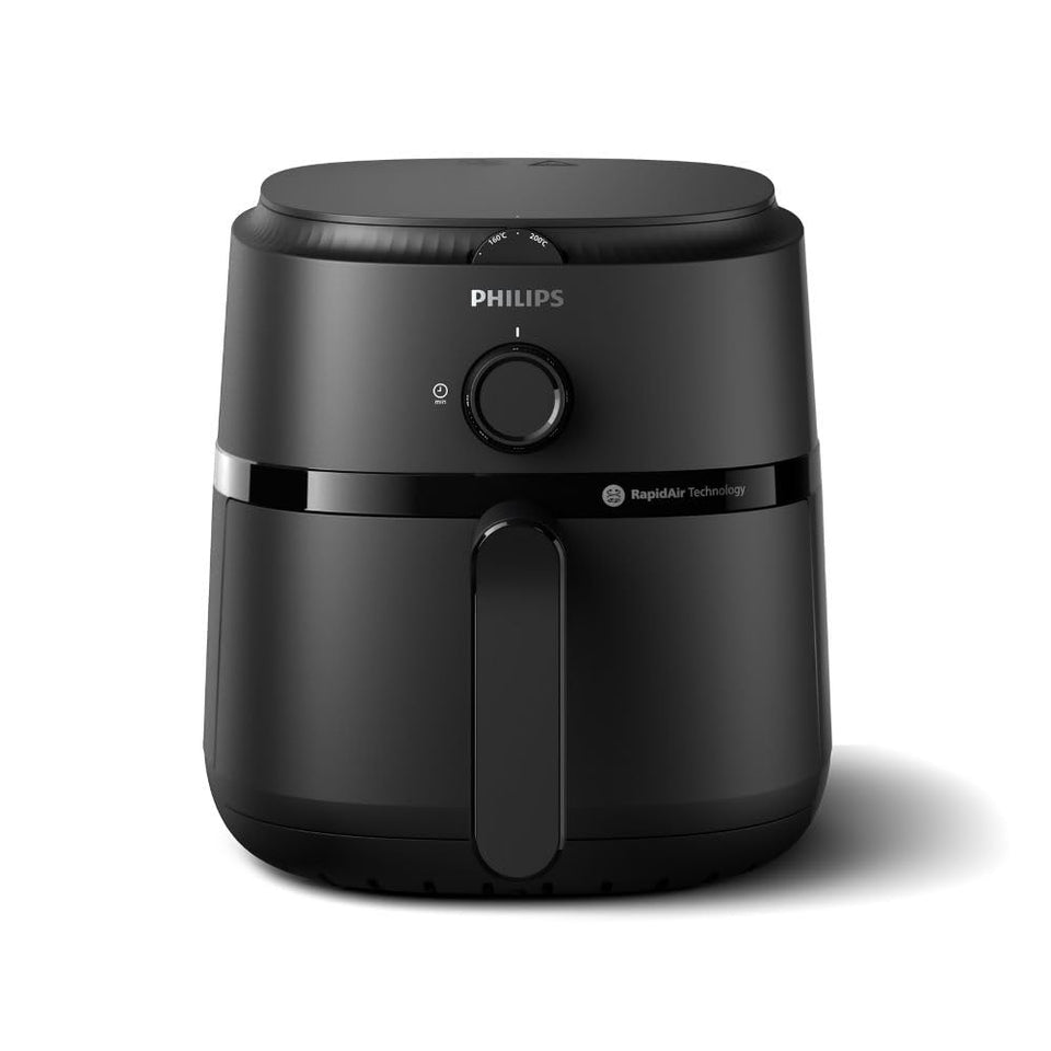 Philips NA120/00 air fryer in black, front view showing temperature dial, timer dial and RapidAir Technology label