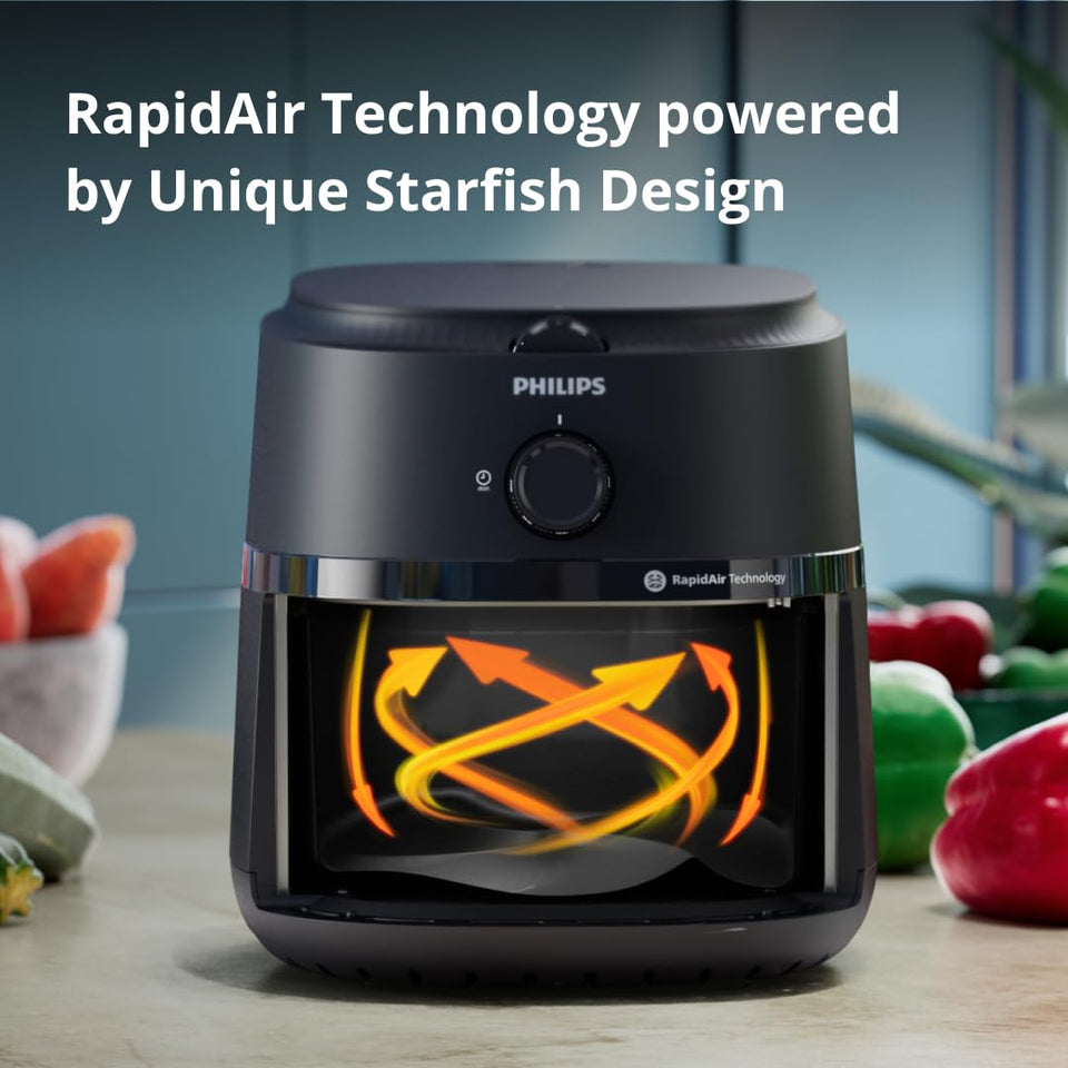 Philips NA120/00 air fryer with orange arrows showing RapidAir Technology airflow powered by the Starfish design