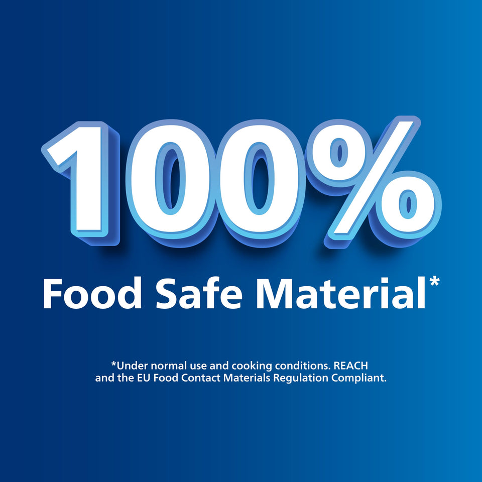 Philips NA120/00 air fryer graphic reading 100% Food Safe Material with REACH and EU Food Contact Materials Regulation note