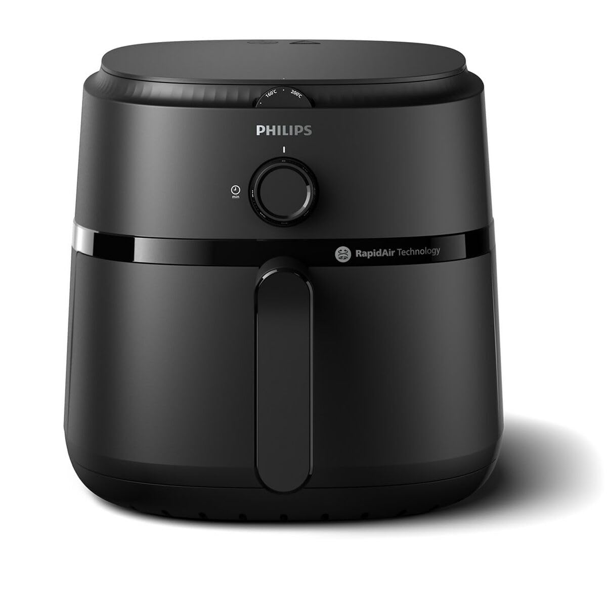 Front view of the Philips NA130/00 black air fryer with 160°C and 200°C temperature markings and timer knob