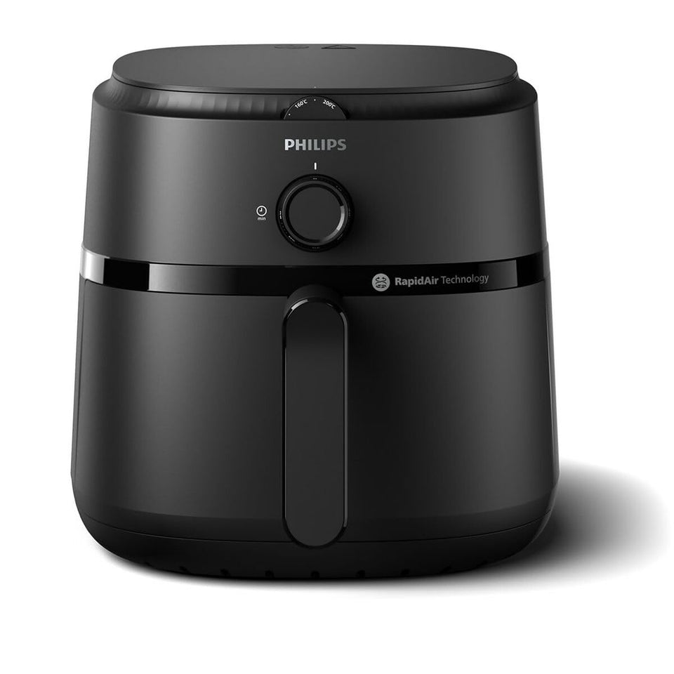 Front view of the Philips NA130/00 black air fryer with 160°C and 200°C temperature markings and timer knob