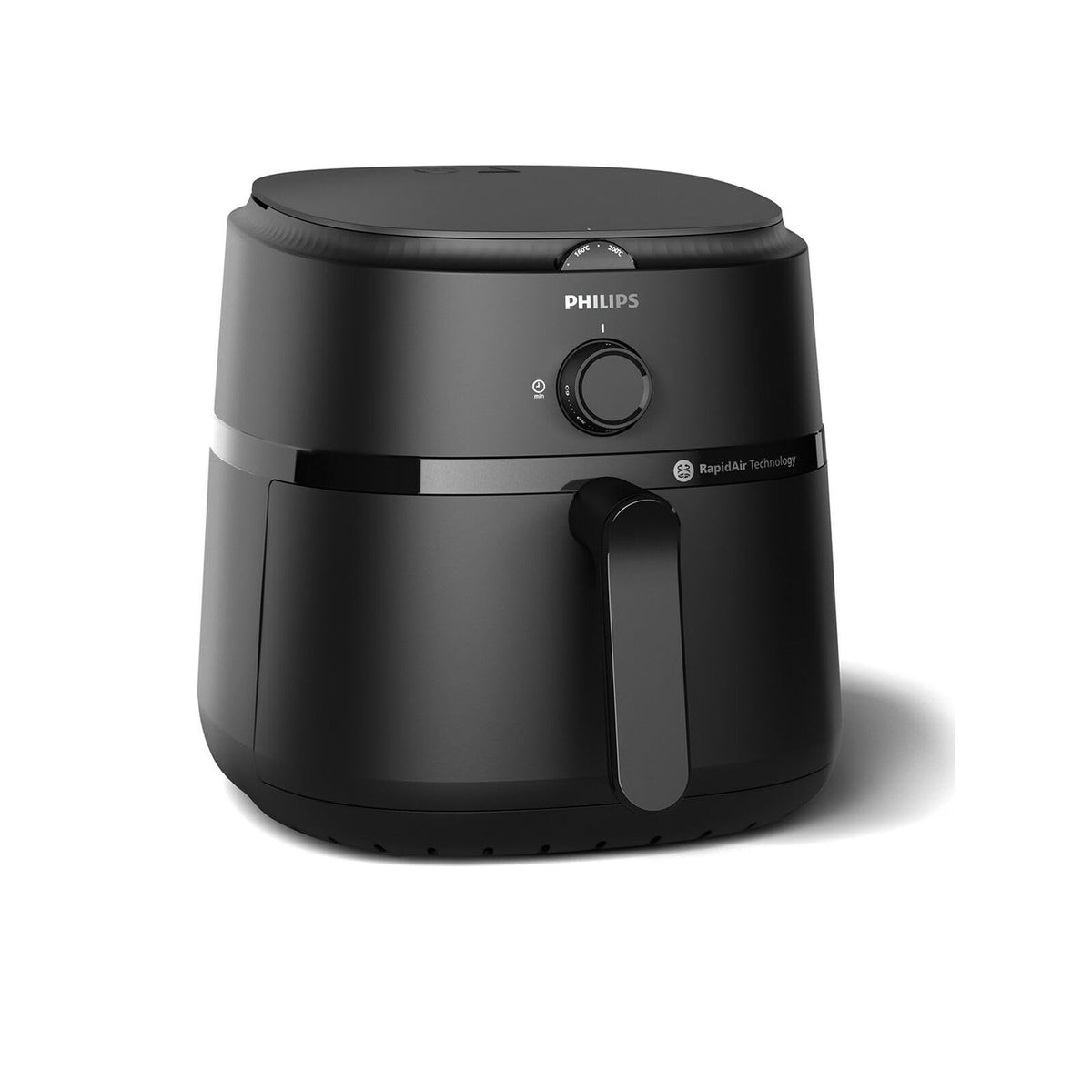 Philips NA130/00 black 6.2 L air fryer front view with temperature dial, timer knob and pull-out basket handle
