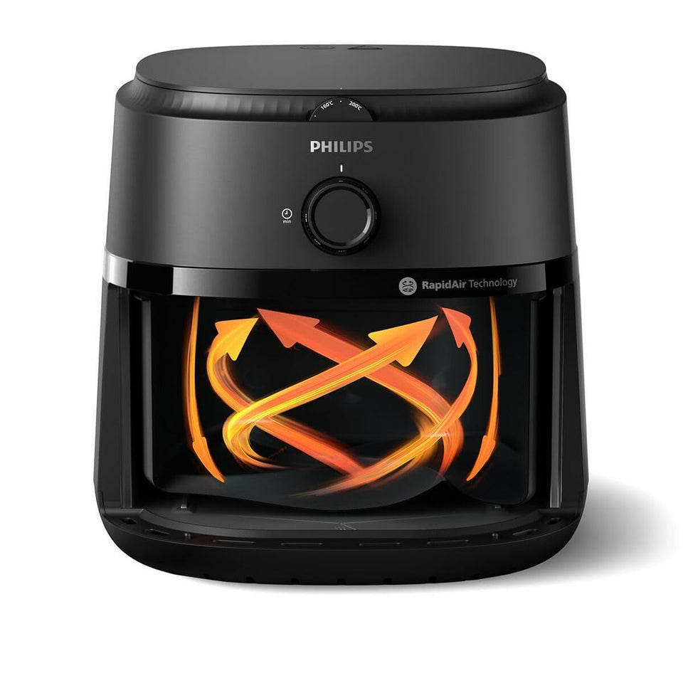 Philips NA130/00 air fryer with orange arrows illustrating RapidAir Technology air circulation
