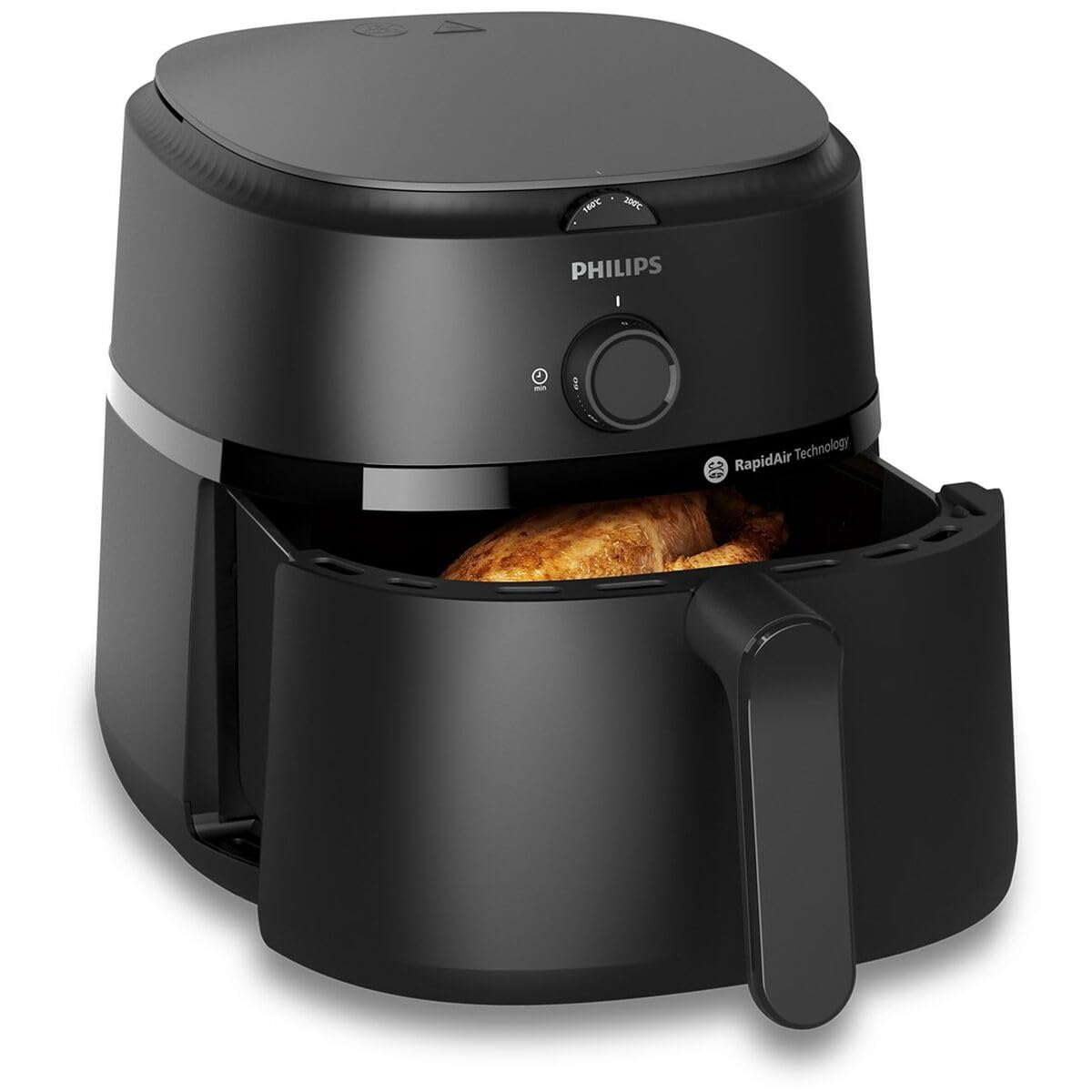 Philips NA130/00 air fryer with the basket pulled open showing a cooked chicken
