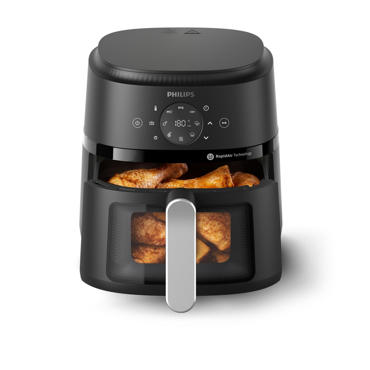 Philips NA221/00 2000 Series 4.2 L Airfryer in black with the basket pulled out showing roasted chicken drumsticks