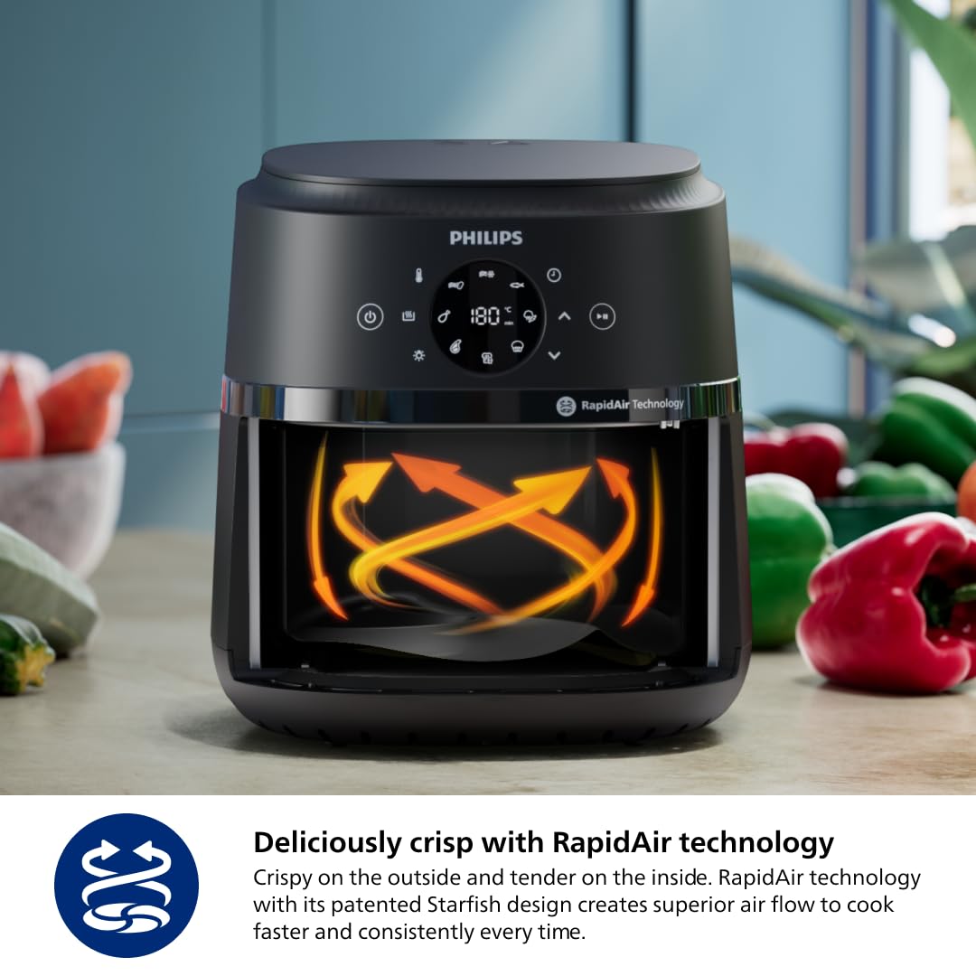 Philips NA221/00 Airfryer with an illustration of RapidAir hot air circulation in the cooking chamber
