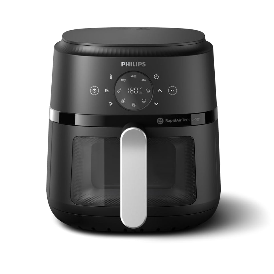 Front view of the Philips NA221/00 2000 Series Airfryer showing the touchscreen panel, cooking window and silver handle