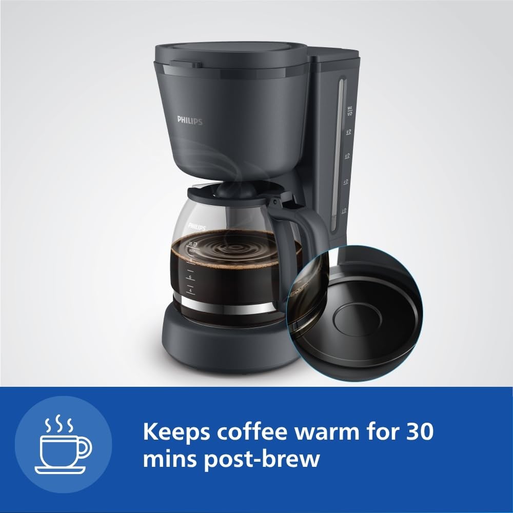 Philips HD7430/90 coffee maker with close-up of the jug base and text on keeping coffee warm for 30 minutes after brewing