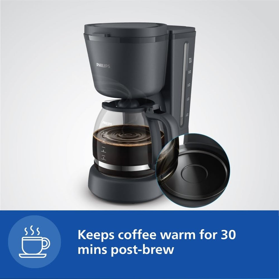 Philips HD7430/90 coffee maker with close-up of the jug base and text on keeping coffee warm for 30 minutes after brewing