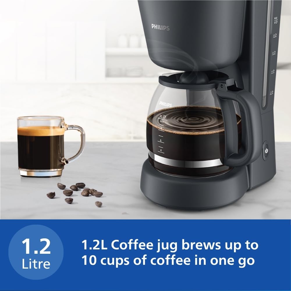 Philips HD7430/90 coffee maker with full jug beside a glass mug of coffee, highlighting the 1.2 litre jug