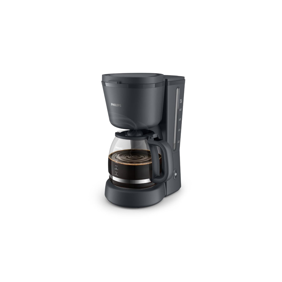 Philips HD7430/90 black drip coffee maker with glass jug of brewed coffee on a white background