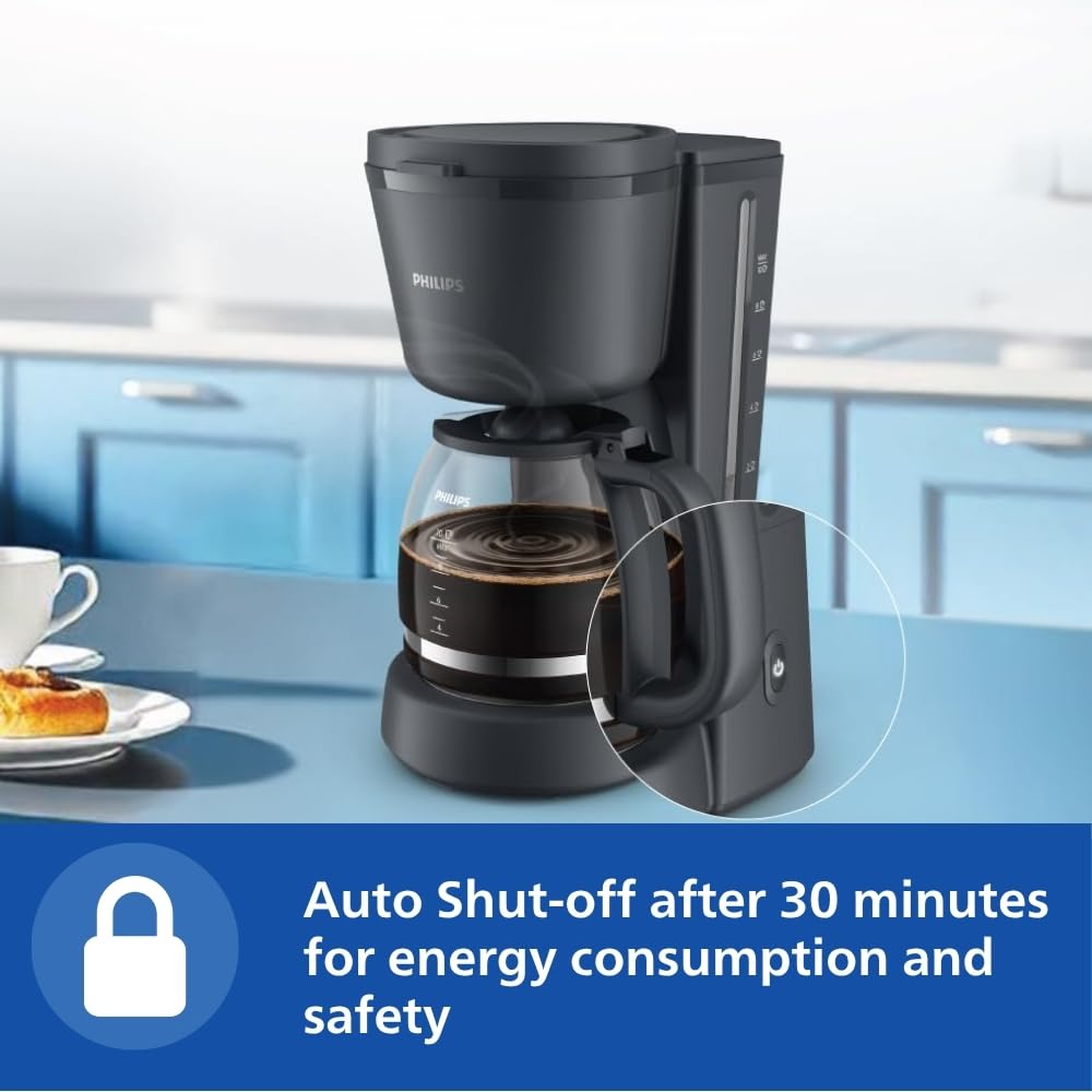 Philips HD7430/90 coffee maker in a kitchen with a close-up of the power button and auto shut-off message