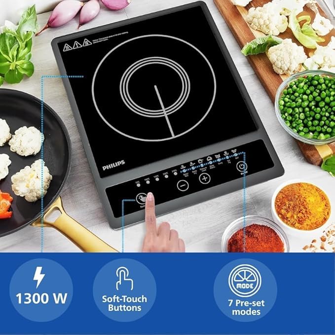 Philips HD4944/00 induction cooktop with finger on soft-touch buttons, showing 1300 W and 7 pre-set modes callouts