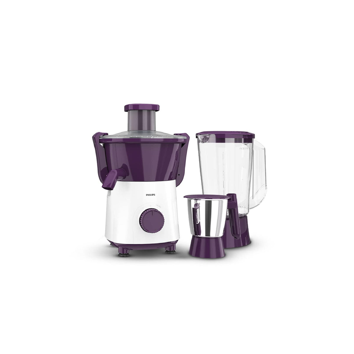 Philips HL7567/01 juicer mixer grinder in Aubergine and white with juicer unit, 1.5 L blender jar and stainless steel multipurpose jar