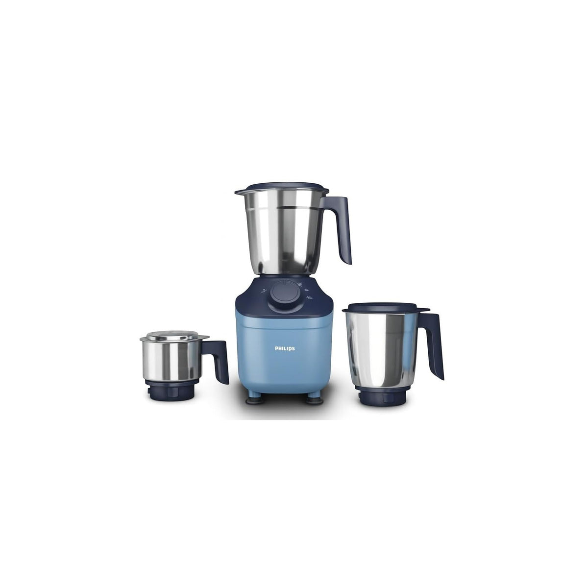 Philips HL7773/01 blue mixer grinder base with three stainless steel jars on a white background