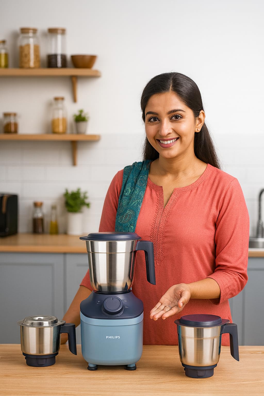 Philips HL7773/01 mixer grinder with its three stainless steel jars on a kitchen counter, with a smiling woman presenting it