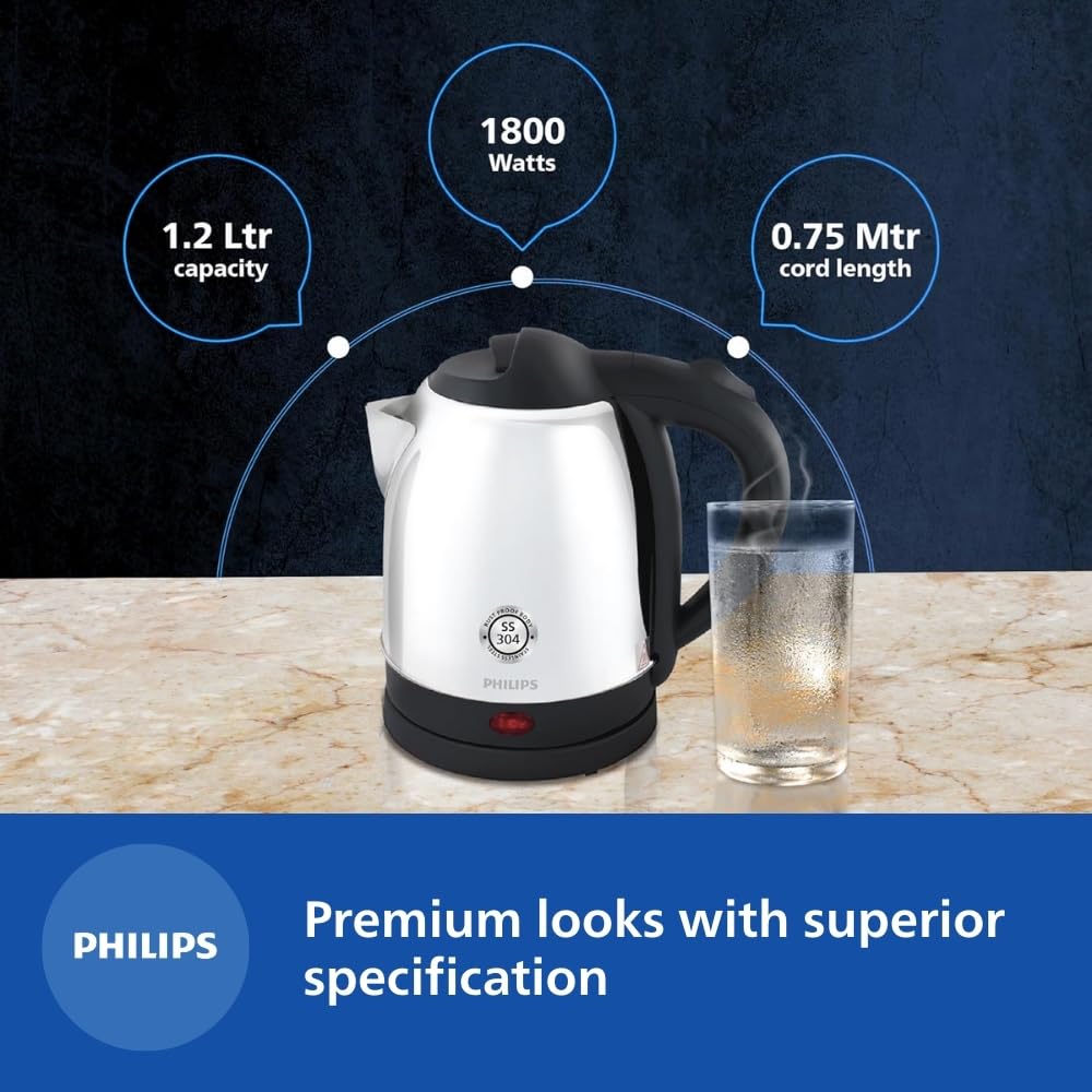 Philips HD9373/00 kettle beside a glass of hot water with specification callouts for capacity, wattage and cord length
