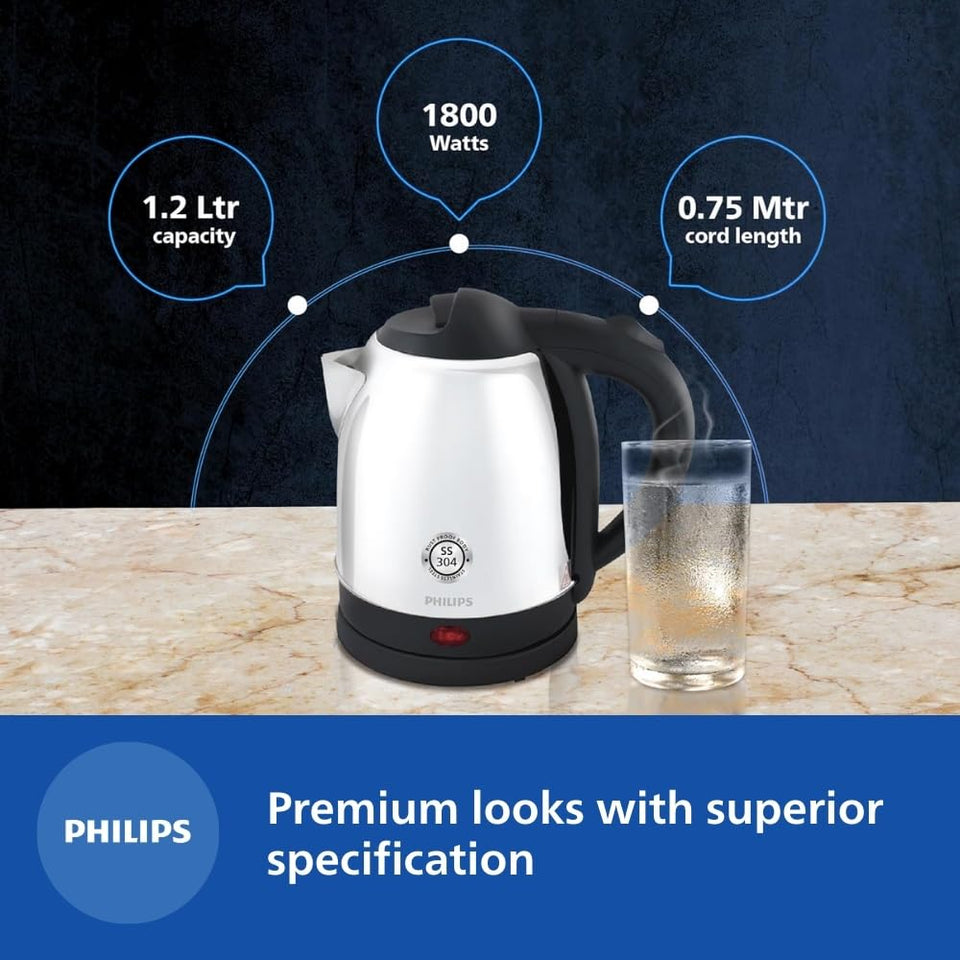 Philips HD9373/00 kettle beside a glass of hot water with specification callouts for capacity, wattage and cord length