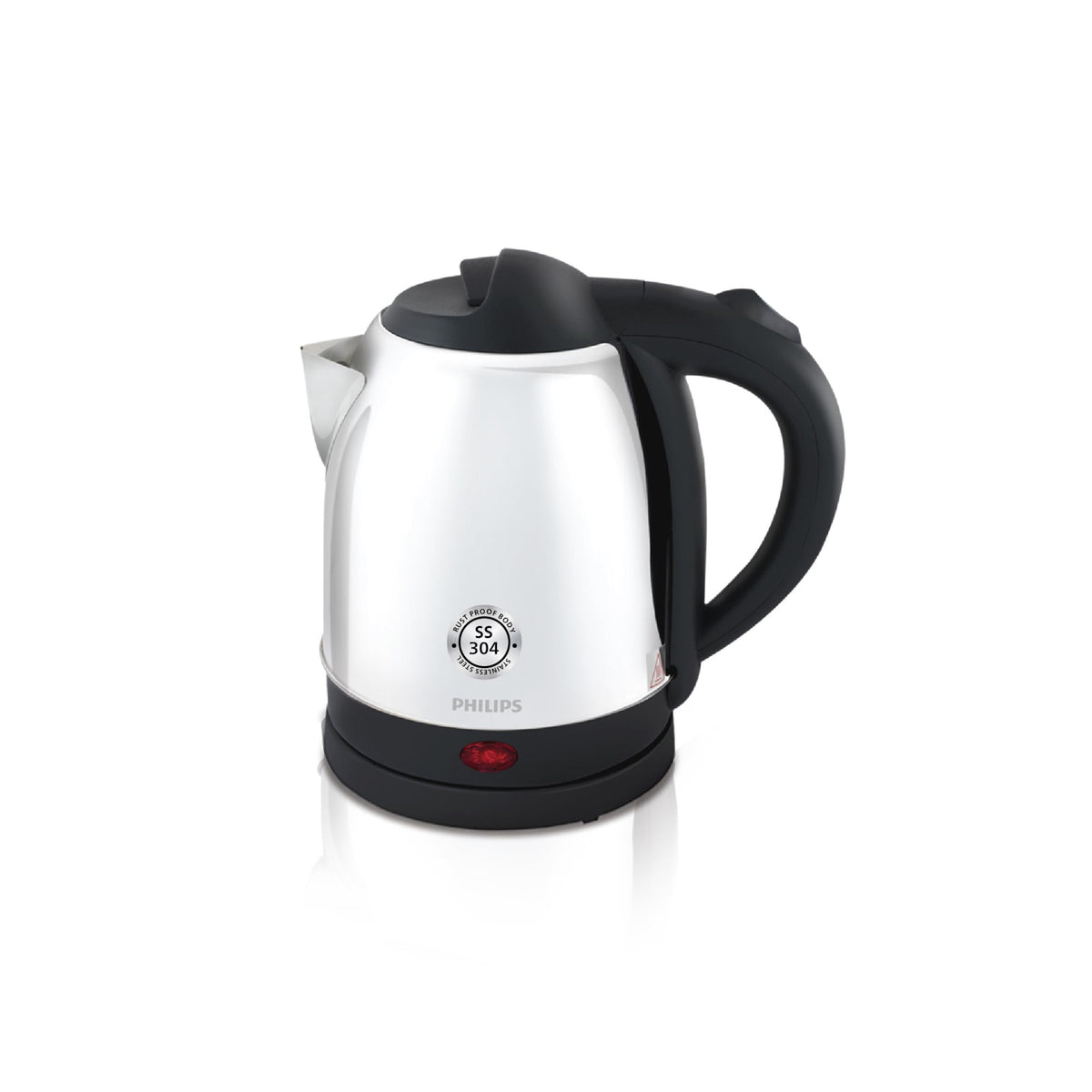 Philips HD9373/00 electric kettle in polished stainless steel with black lid, handle and base, front view with SS 304 badge