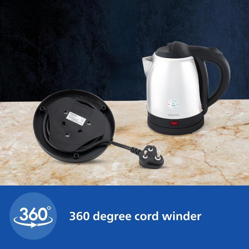 Philips HD9373/00 kettle beside its base showing the cord wound in the 360 degree cord winder