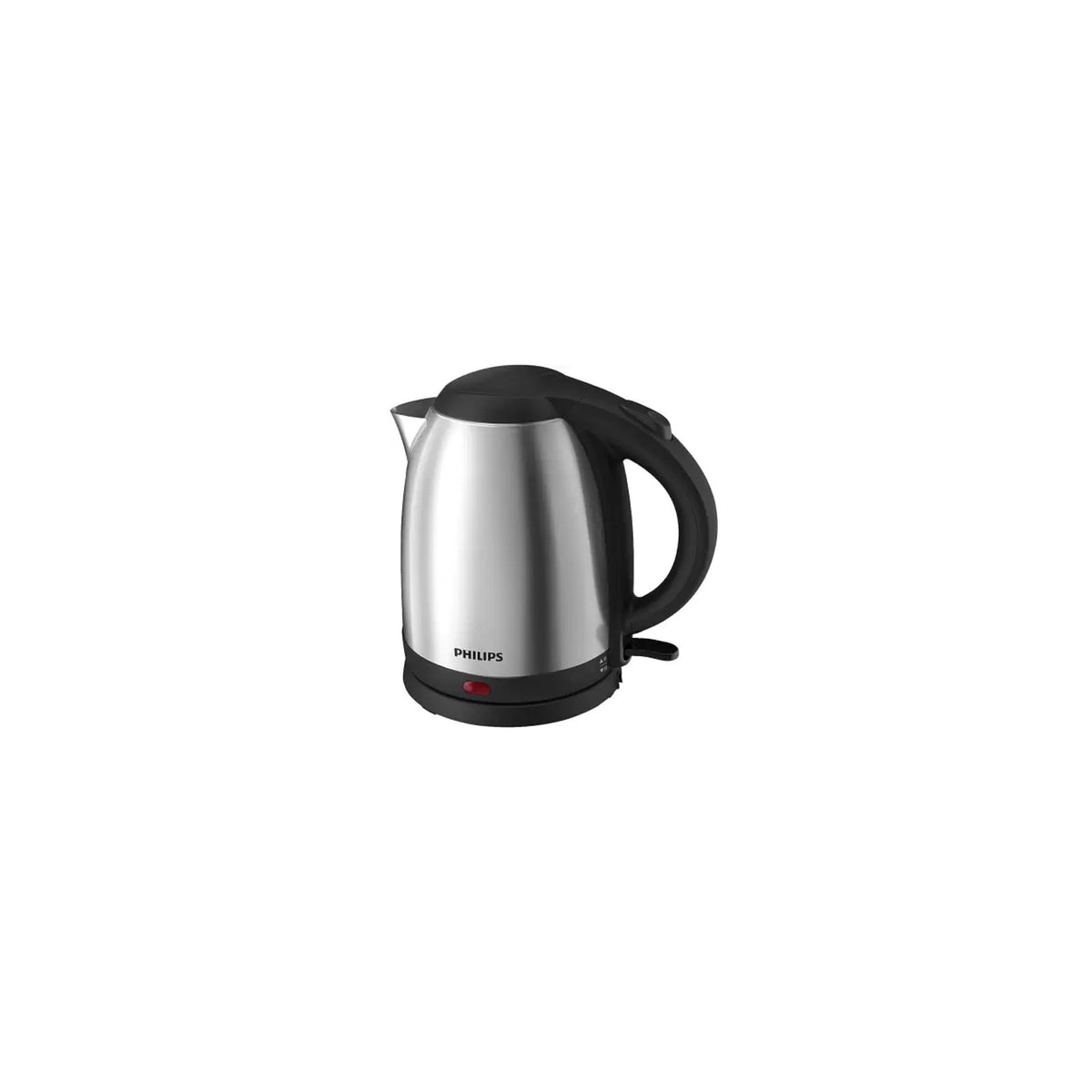 Philips HD9363/00 stainless steel electric kettle with black handle, lid and base on a white background