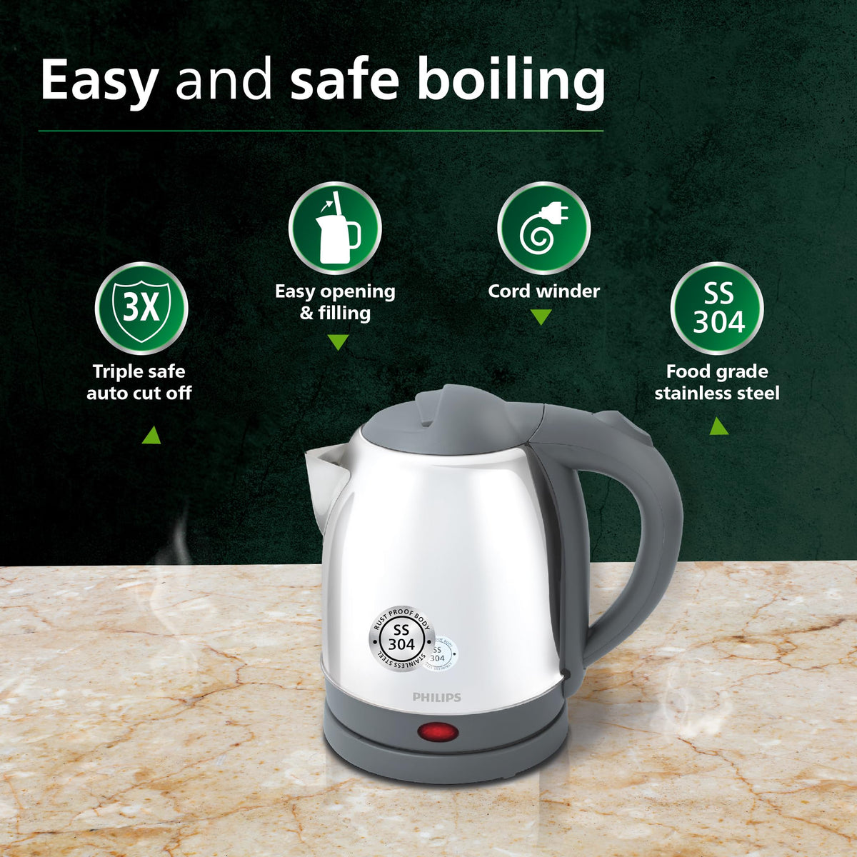Philips HD9363/02 1.2 L stainless steel electric kettle with grey handle and base on a marble counter with feature icons
