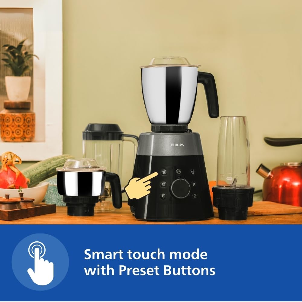 Philips HL7777/00 mixer grinder on a kitchen counter with a finger pointing to the smart touch preset buttons