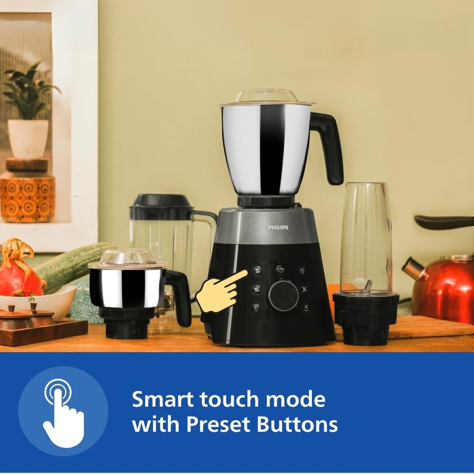 Philips HL7777/00 mixer grinder on a kitchen counter with a finger pointing to the smart touch preset buttons