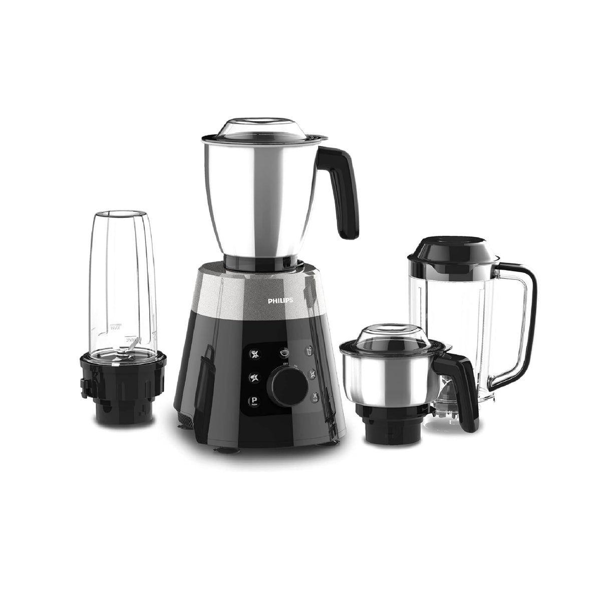 Philips HL7777/00 mixer grinder in black and silver with its four jars: steel multi-purpose jar, chutney jar, Power Bullet jar and Blend & Carry jar