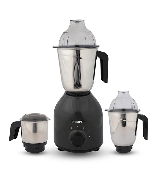Philips HL7757/00 mixer grinder with large wet jar on the base and two smaller jars on either side