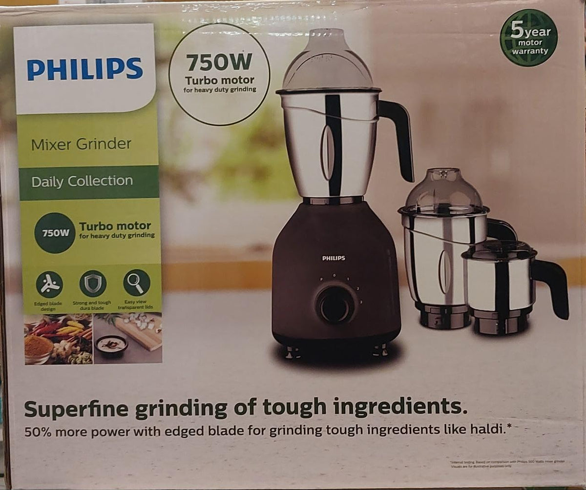 Philips HL7757/00 Daily Collection mixer grinder retail box showing 750 W turbo motor and edged blade claims