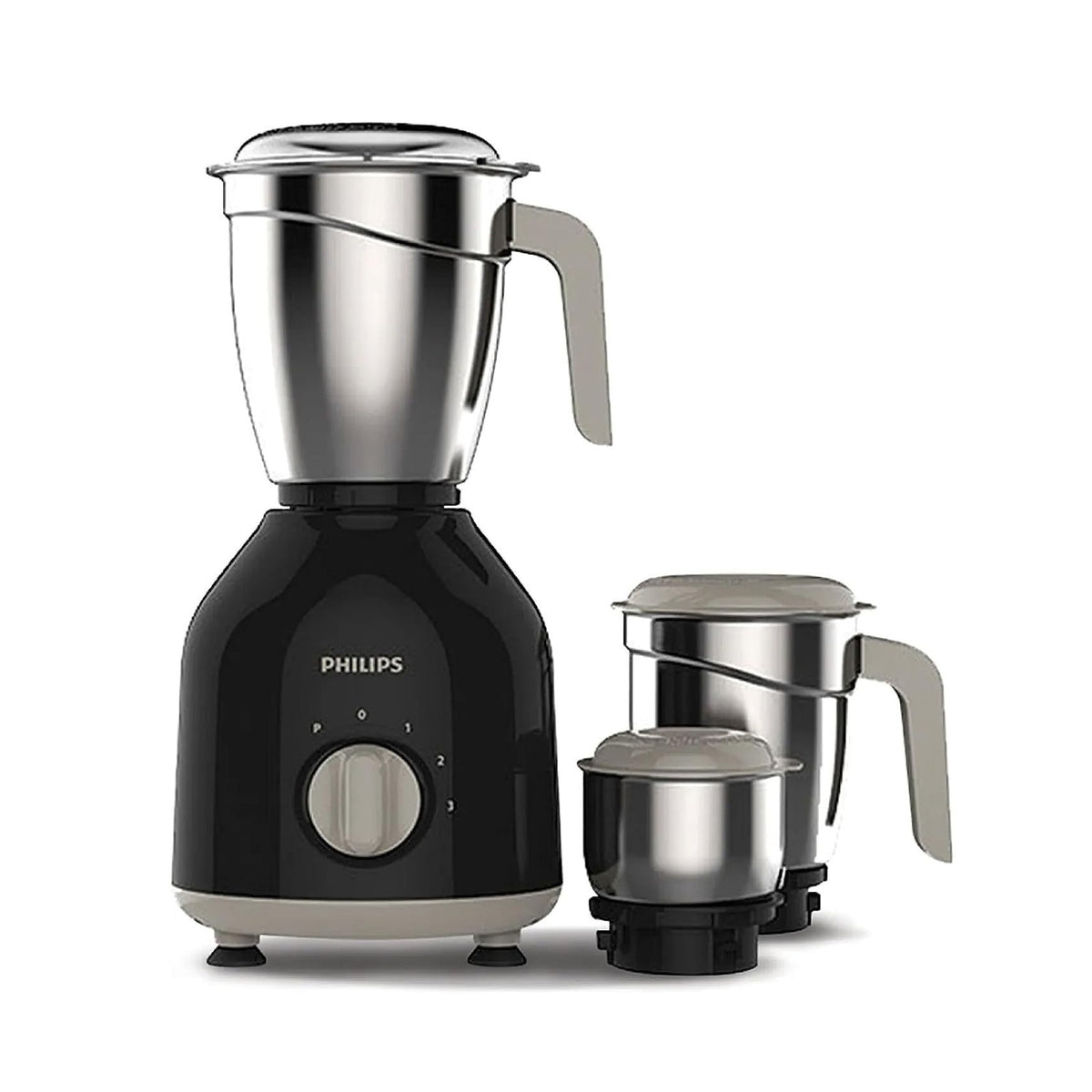 Philips HL7757/00 mixer grinder in black and grey with three stainless steel jars beside the motor base