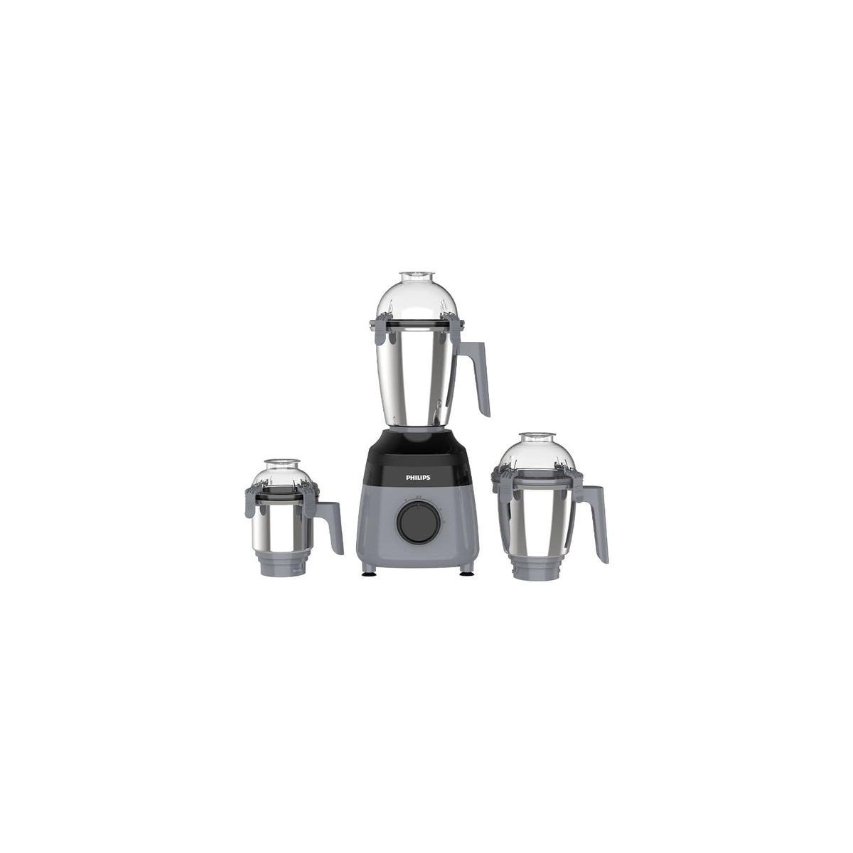Philips HR7000/00 mixer grinder in Mid Slate and Deep Black with three stainless steel jars and domed lids arranged around the base