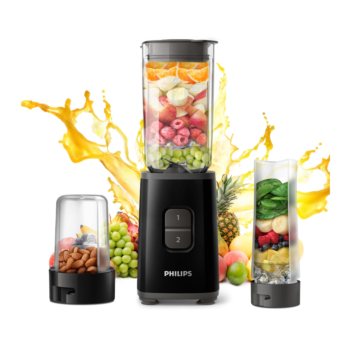 Philips HR2603/90 mini blender in black with blender jar full of fruit, grinding jar of almonds and blend-and-carry sipper jar