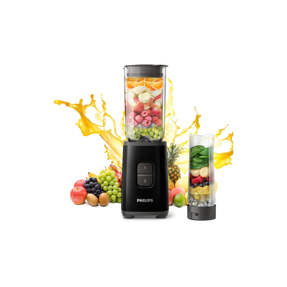 Philips HR2602/90 black mini blender with a jar of fruit and a blend-and-go jar, surrounded by fresh fruit and juice splashes