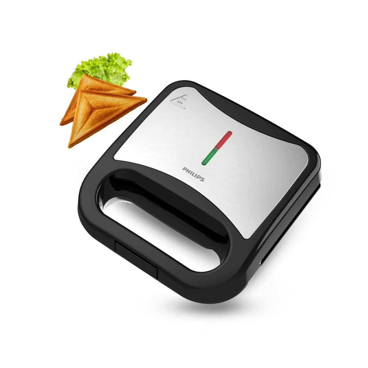 Philips HD3000/80 sandwich maker in black and brushed steel with light indicator, shown with toasted triangle sandwiches and lettuce