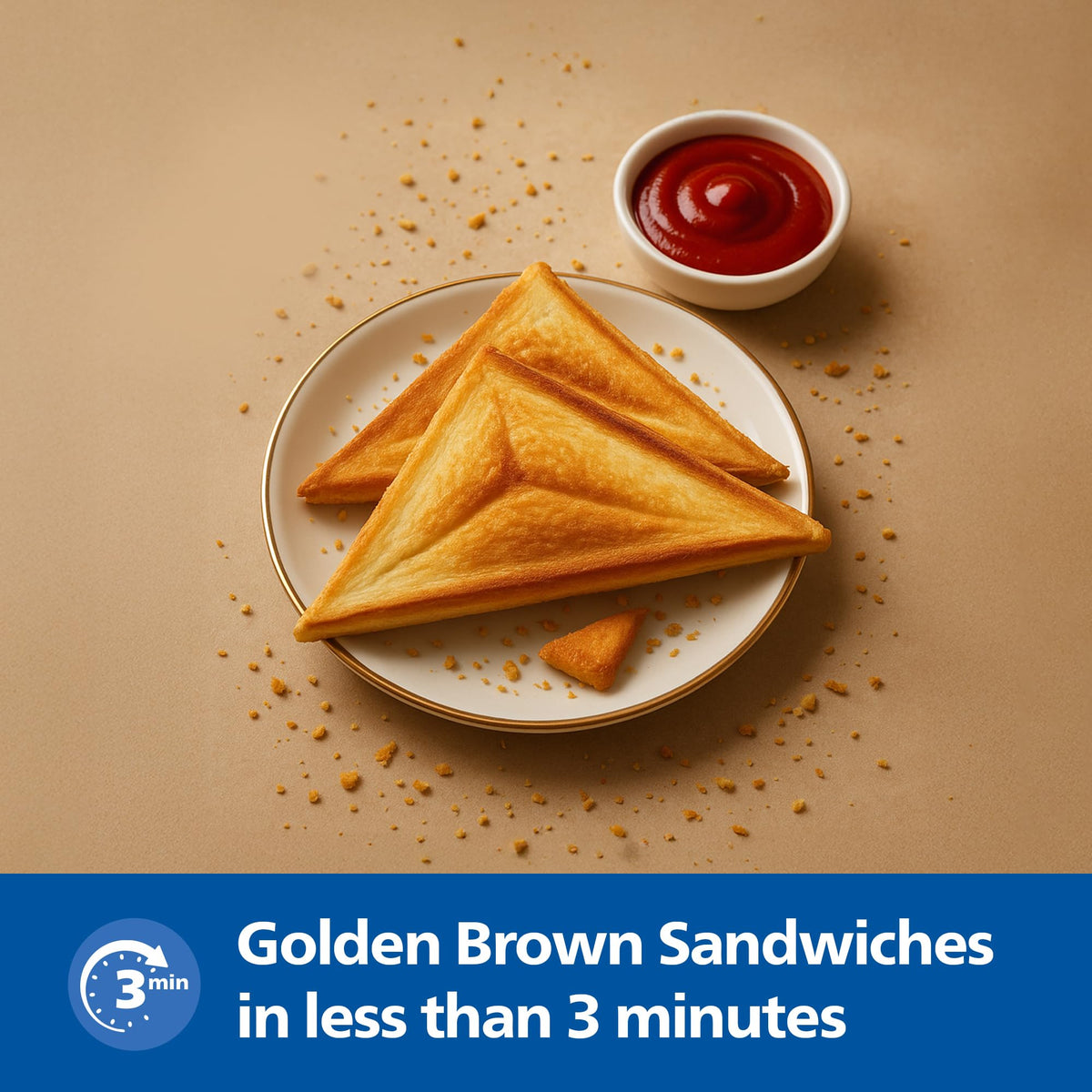 Golden brown triangular sandwiches from the Philips HD3000/80 on a plate with ketchup, labelled less than 3 minutes