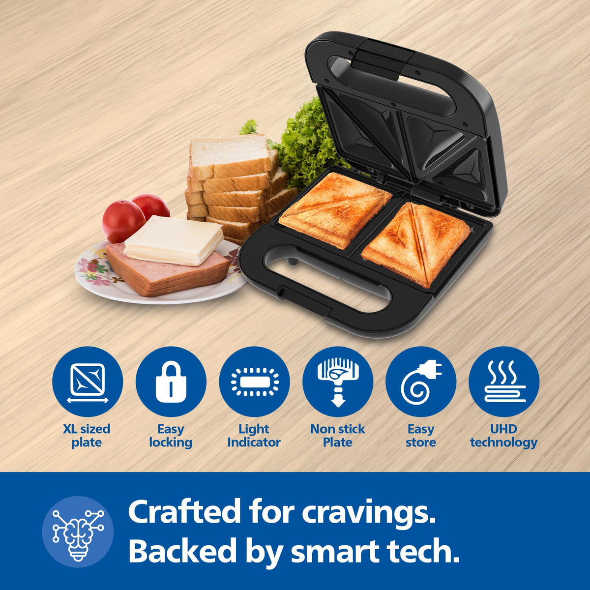 Philips HD3000/80 sandwich maker with toasted sandwiches, bread, cheese and ham, with feature icons for XL plate, locking, indicator and UHD