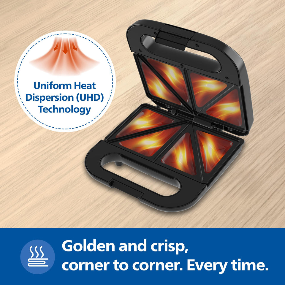 Philips HD3000/80 open showing non-stick triangle plates with Uniform Heat Dispersion (UHD) technology graphic