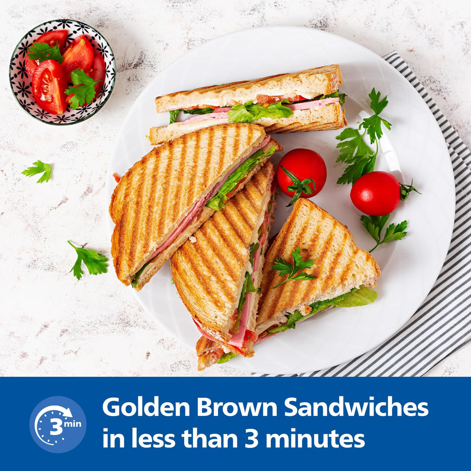 Golden brown grilled sandwiches on a plate with the claim of ready in less than 3 minutes, Philips HD3010/80