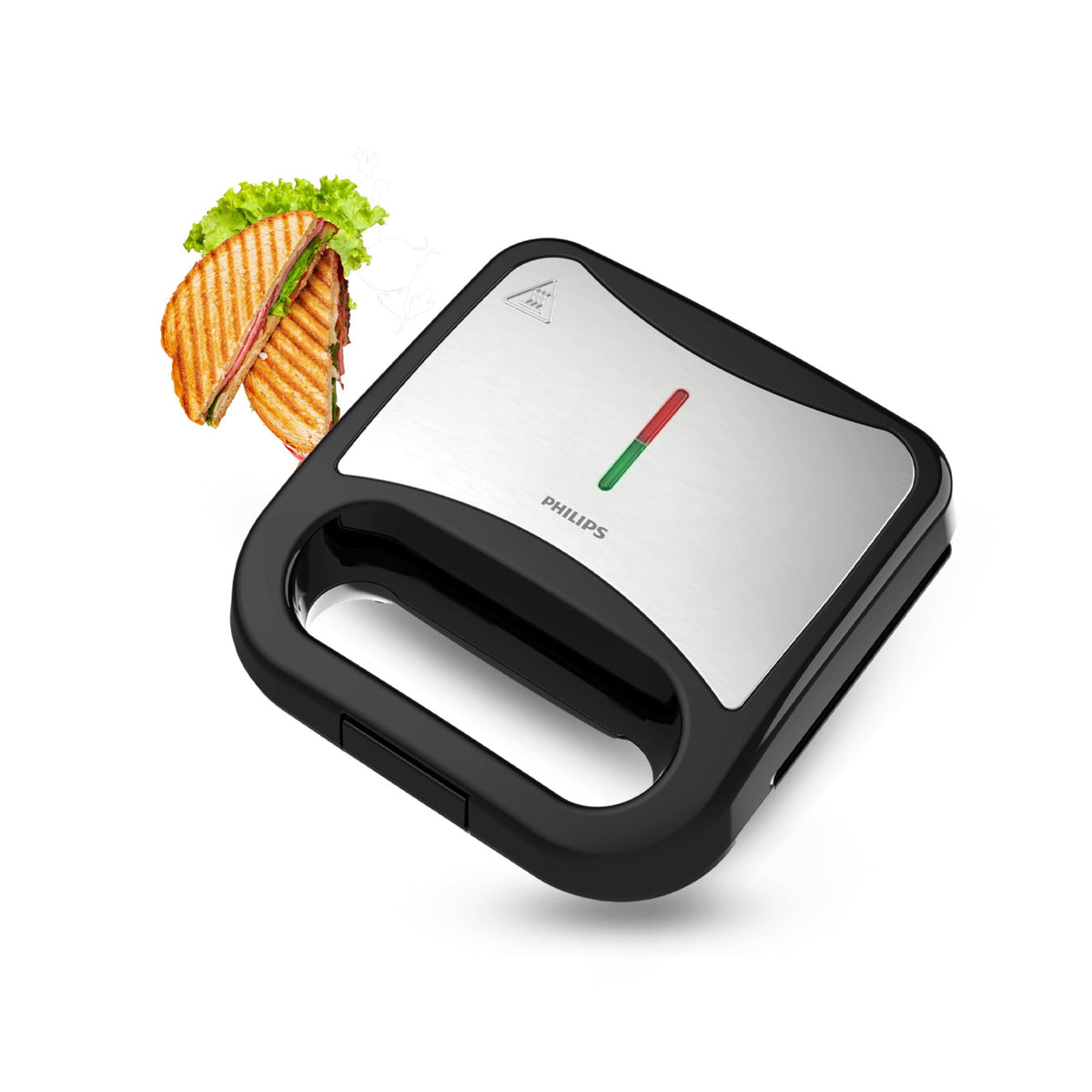 Philips HD3010/80 sandwich maker with closed lid, steel top panel and black body, beside a grilled sandwich