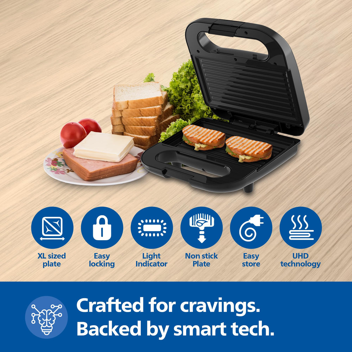Philips HD3010/80 sandwich maker with sandwiches and icons for XL plate, easy locking, light indicator, non-stick plate, easy store and UHD
